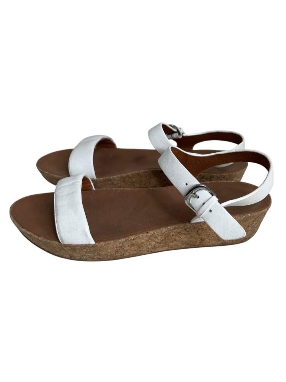 Fitflop White Leather Cork Wedge Sandals W/Adjustable Strap & Buckle Size 10 - Picture 5 of 7